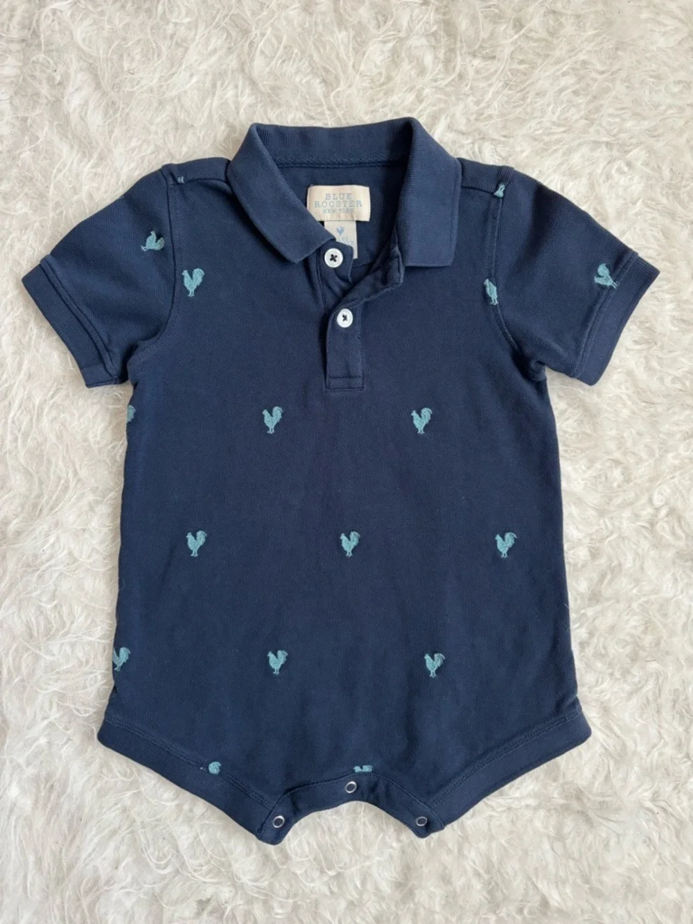 Blue Rooster Collection Baby Boy Navy Romper with Teal Rooster Embroidery